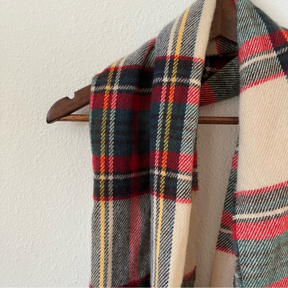 Free People Tartan Thick Warm Wool Scarf in Red Cream Green Multicolor Cozy - Picture 3 of 7
